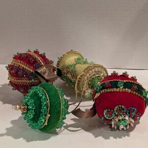 4 Vintage Handmade Push Pin Christmas Ornament Beaded Sequins Corded Trim